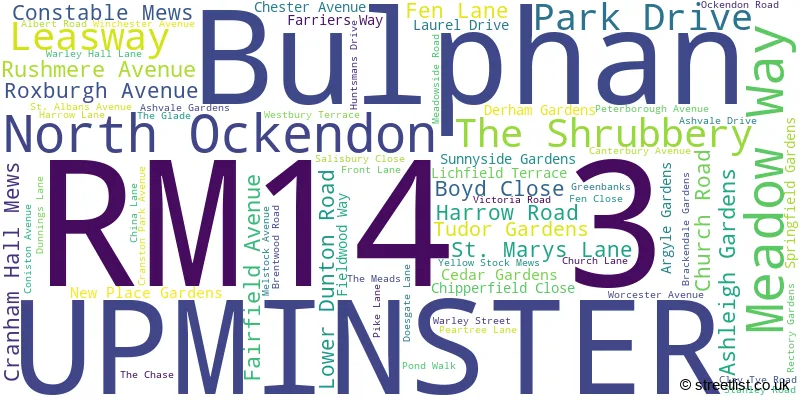 A word cloud for the RM14 3 postcode